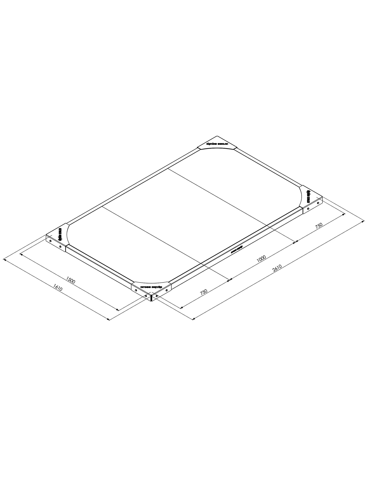 Lifting Plattform mit Dämpfung Advanced 5 cm – Masszeichnung 1.5m x 2.5m mit Aussenmassen 260 x 161 cm