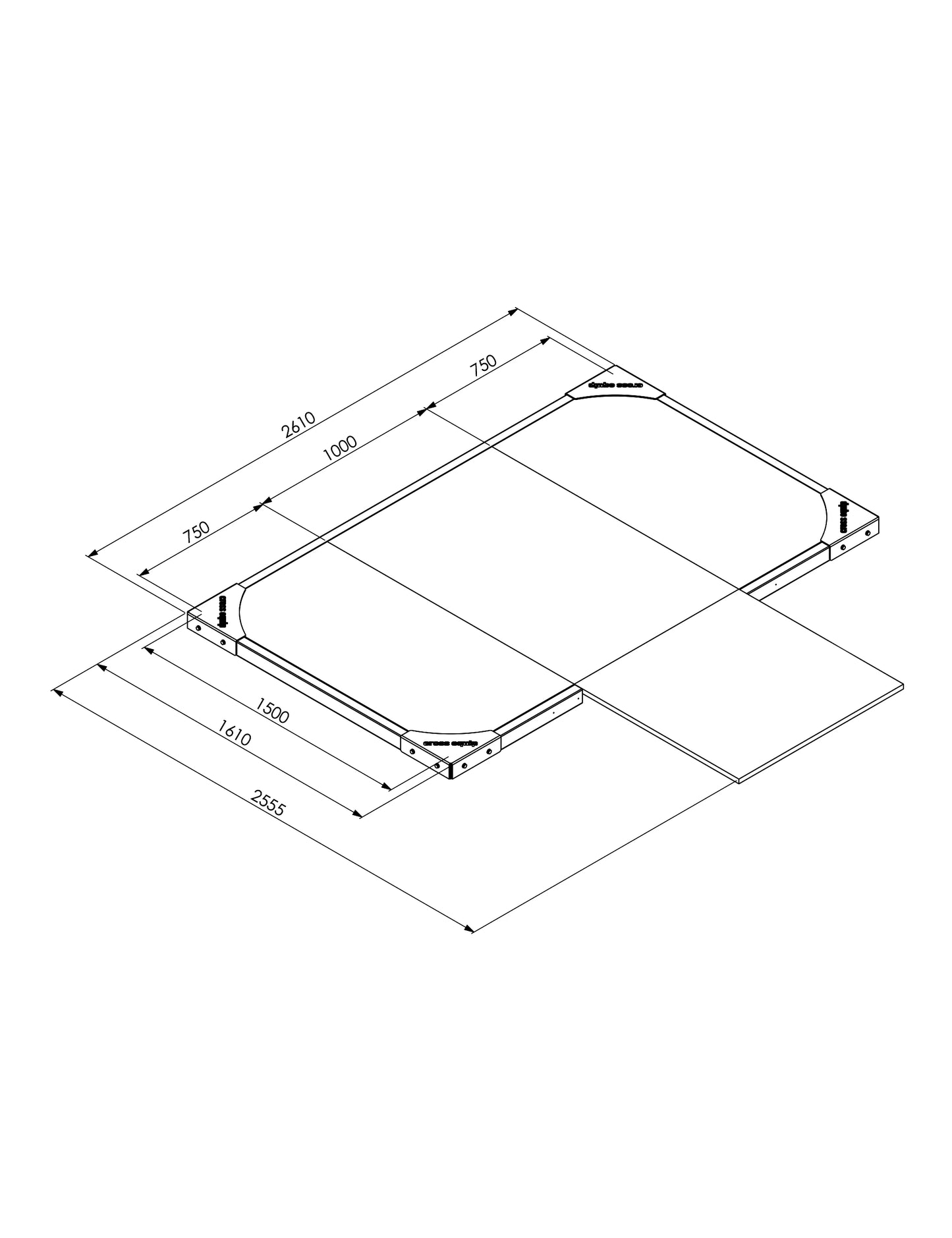 Lifting Plattform für Power Rack Advanced 5 cm – Masszeichnung 1.5m x 2.5m mit Aussenmassen 260 x 255 cm inkl. Rack-Verlängerung
