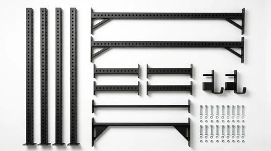 A-Line Rack-System Flatlay - Uprights, Cross-Members, Pull-Up Bars, J-Cups und Hardware