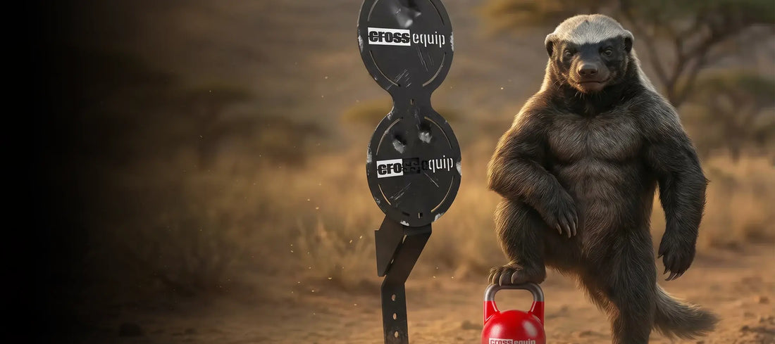 Badgi steht in der Savanne neben einem Wall-Ball-Target, eine rote Kettlebell unter der Pfote