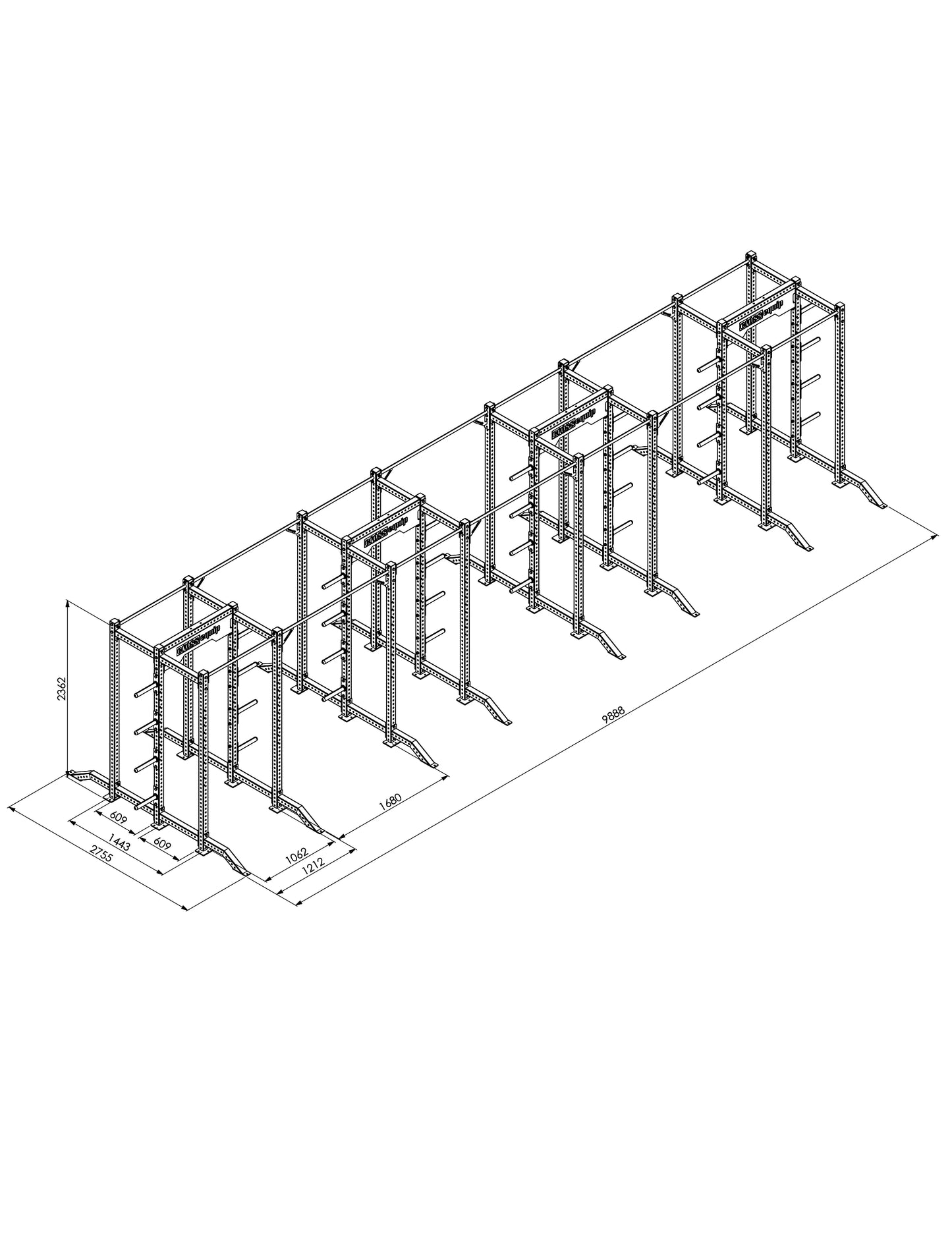 Double Sided Rack 240 Small 4er-Set – Masszeichnung mit Abmessungen 988 x 275 x 236 cm