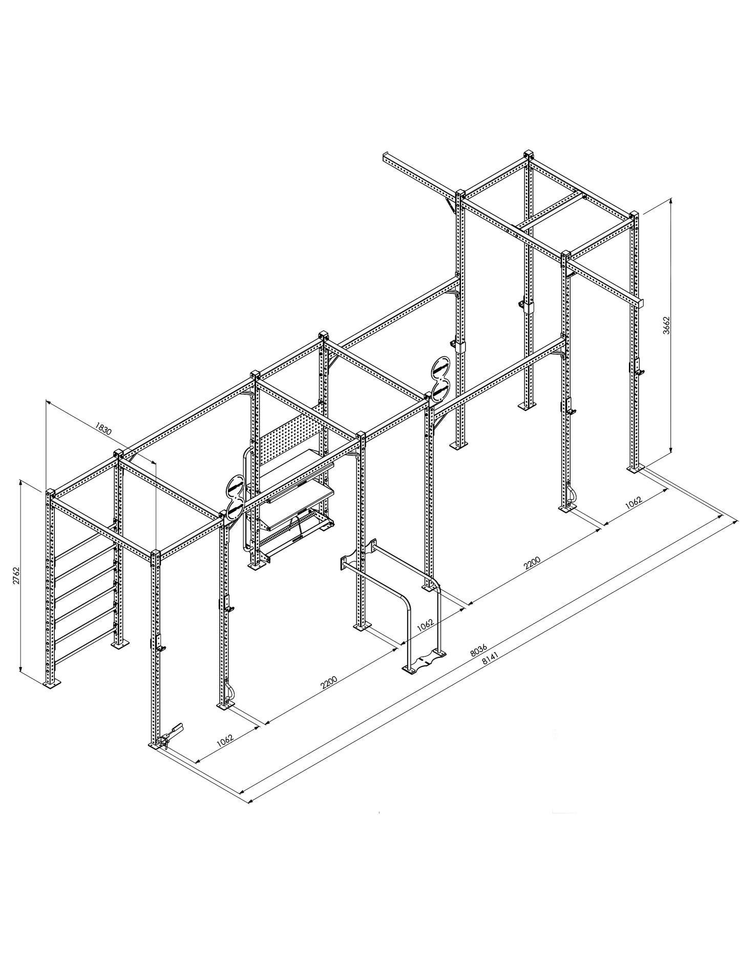 Functional Tower Massive – Masszeichnung mit 814 cm Breite und 366 cm Höhe
