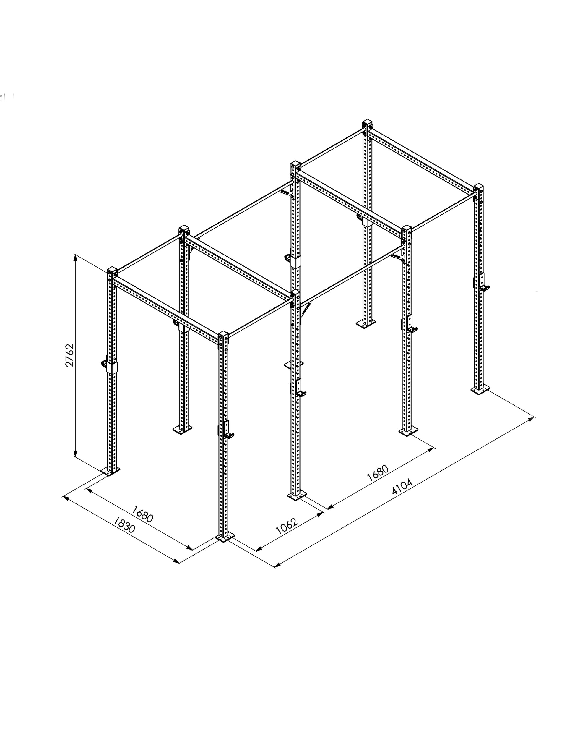 CFR-4 Freestanding Rig – Masszeichnung mit Abmessungen 183 x 410 x 275 cm