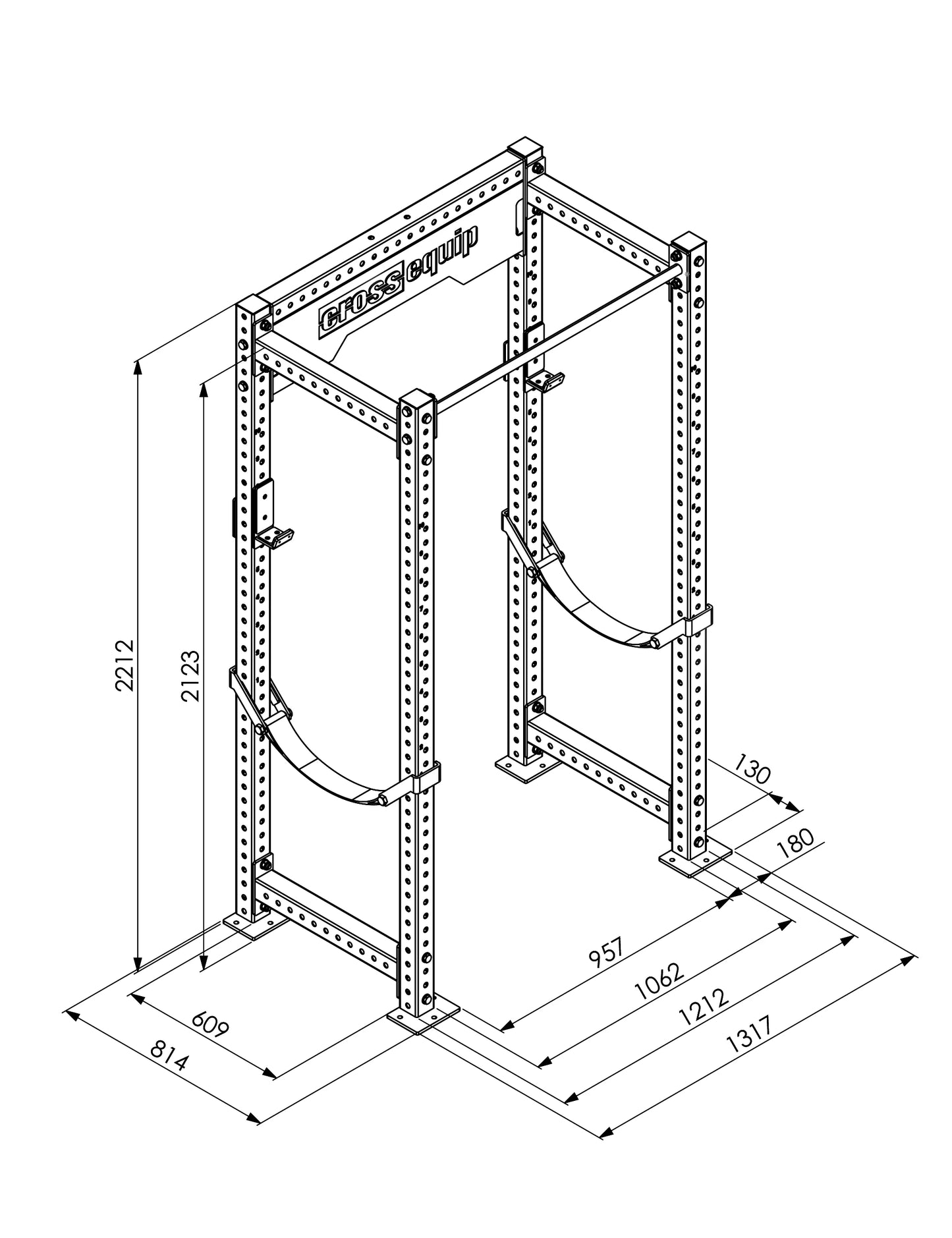 CPR-100 Power Rack Kurz – Masszeichnung mit Abmessungen 220 × 121 × 75 cm (H×B×T)
