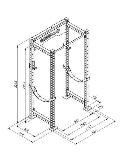 CPR-100 Power Rack Kurz – Masszeichnung mit Abmessungen 220 × 121 × 75 cm (H×B×T)