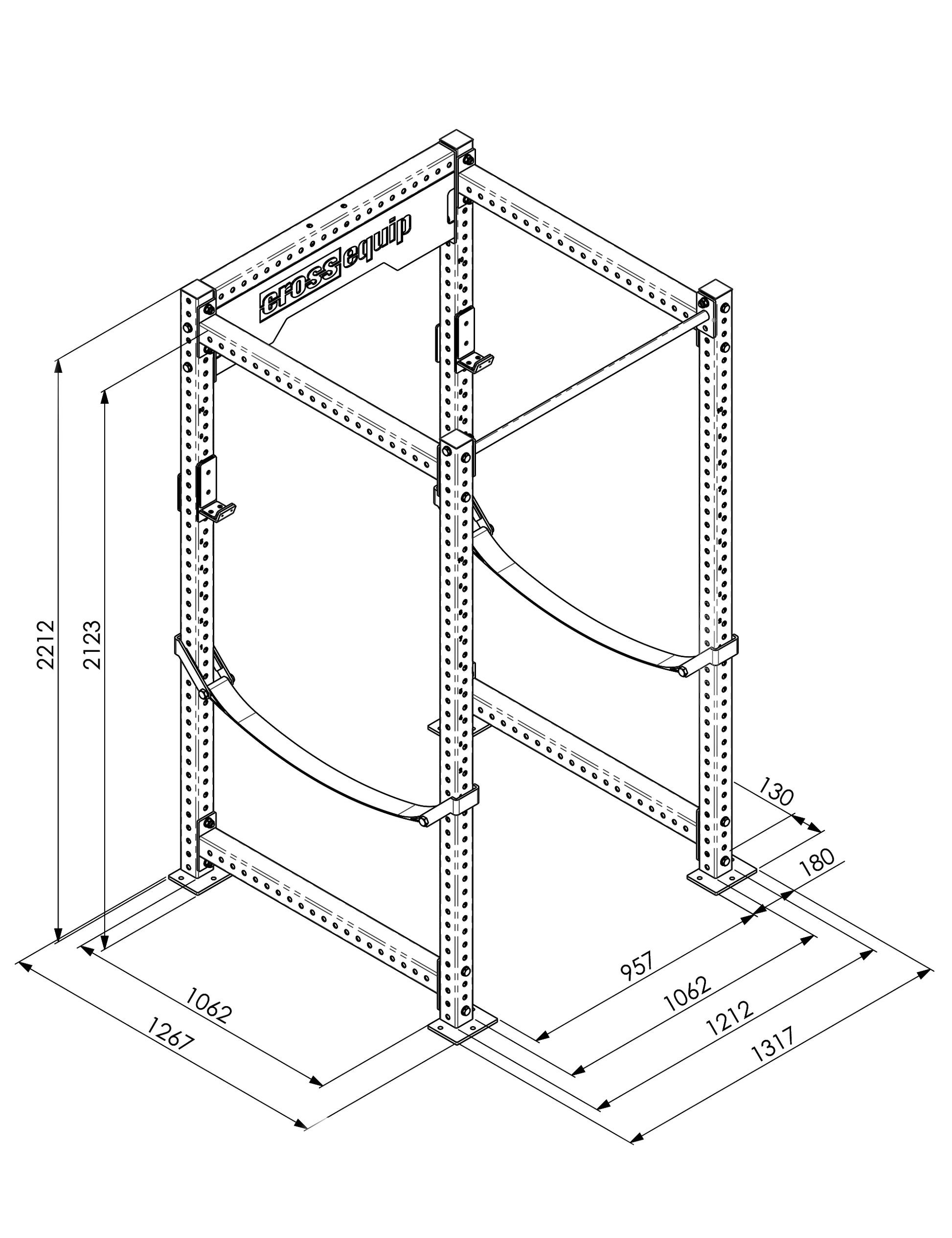 CPR-150 Power Rack Standard – Masszeichnung mit Abmessungen 220 × 121 × 121 cm (H×B×T)