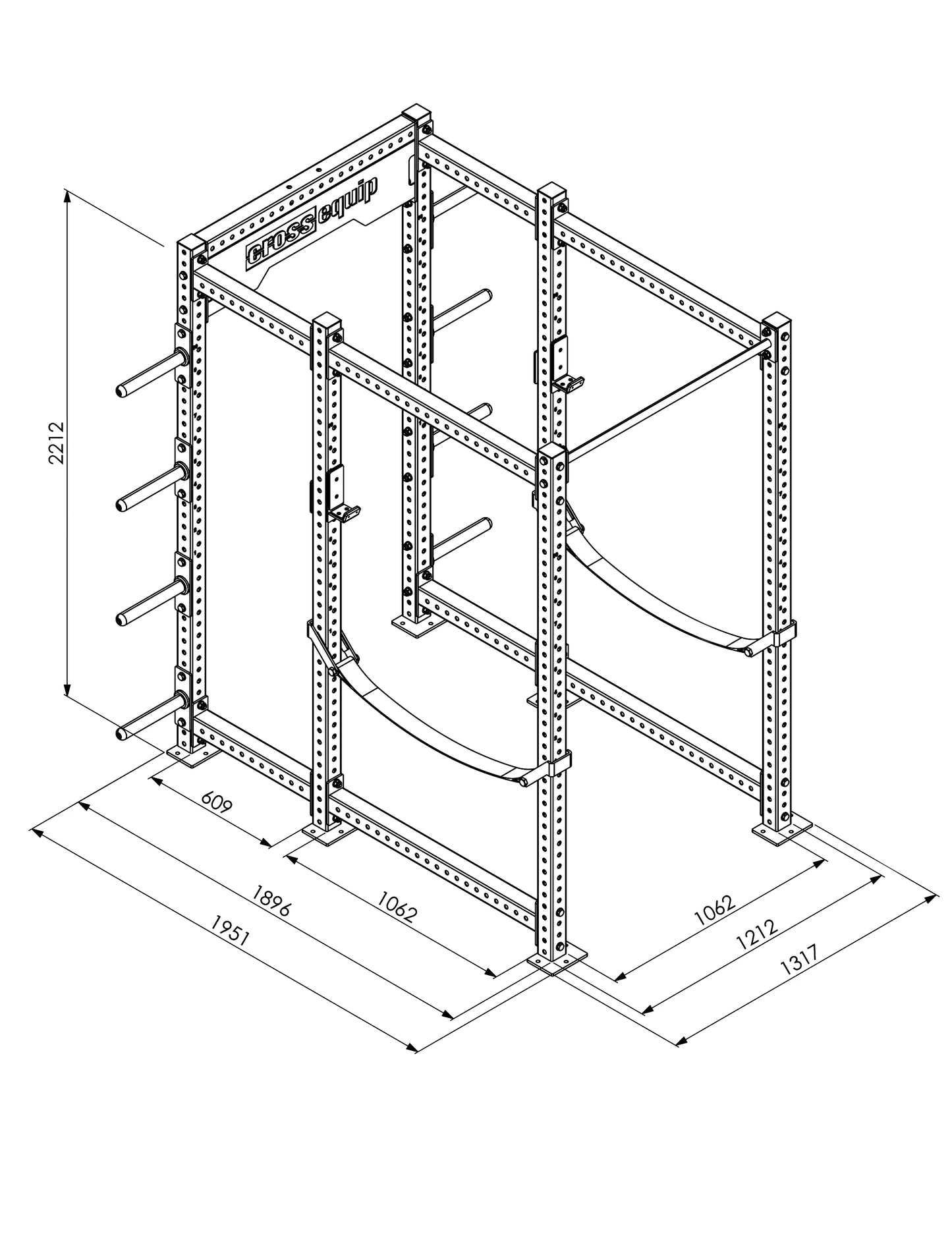CPR-200 Power Rack mit Plateholder – Masszeichnung mit Abmessungen 220 × 121 × 189 cm (H×B×T)