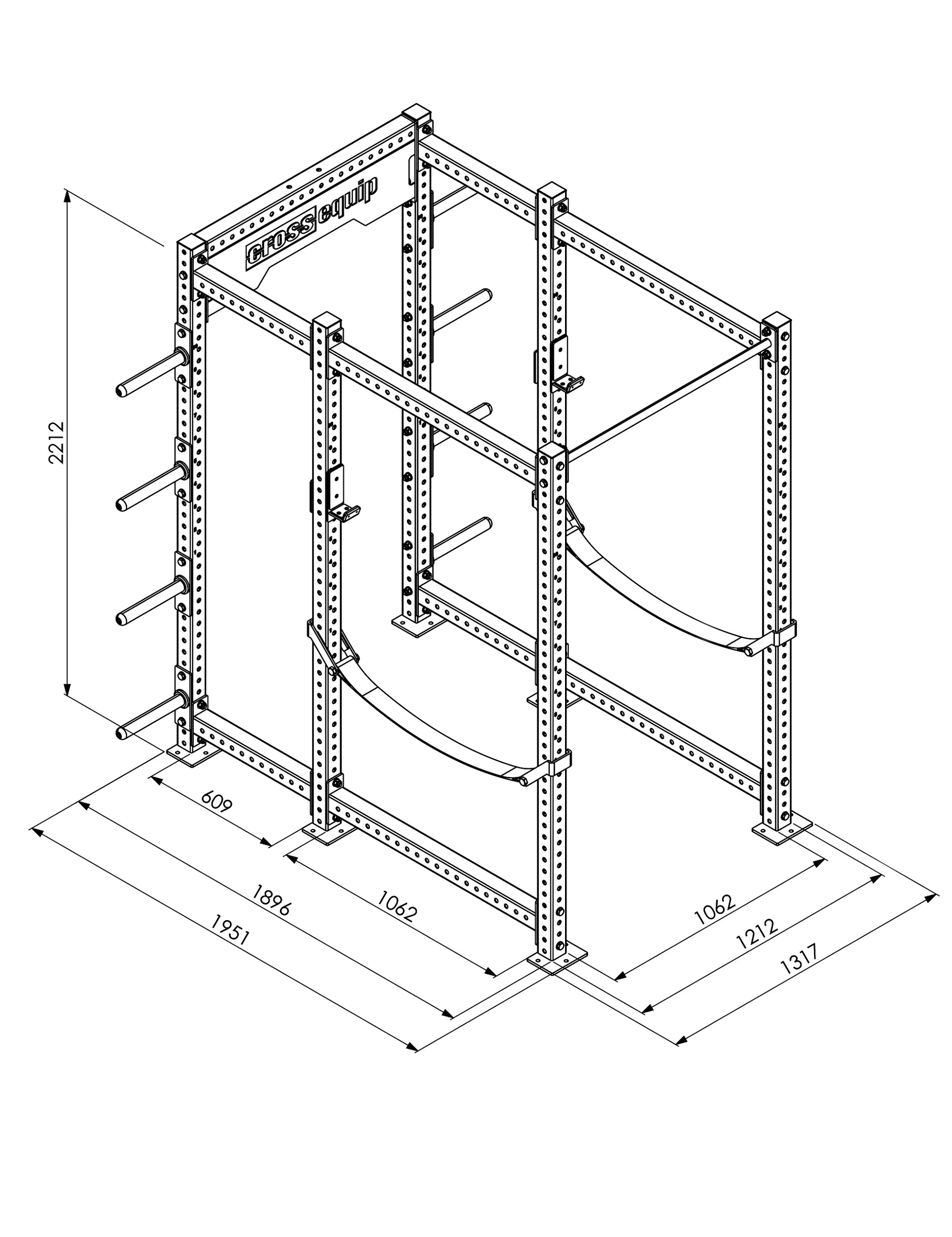 CPR-200 Power Rack mit Plateholder – Masszeichnung mit Abmessungen 220 × 121 × 189 cm (H×B×T)