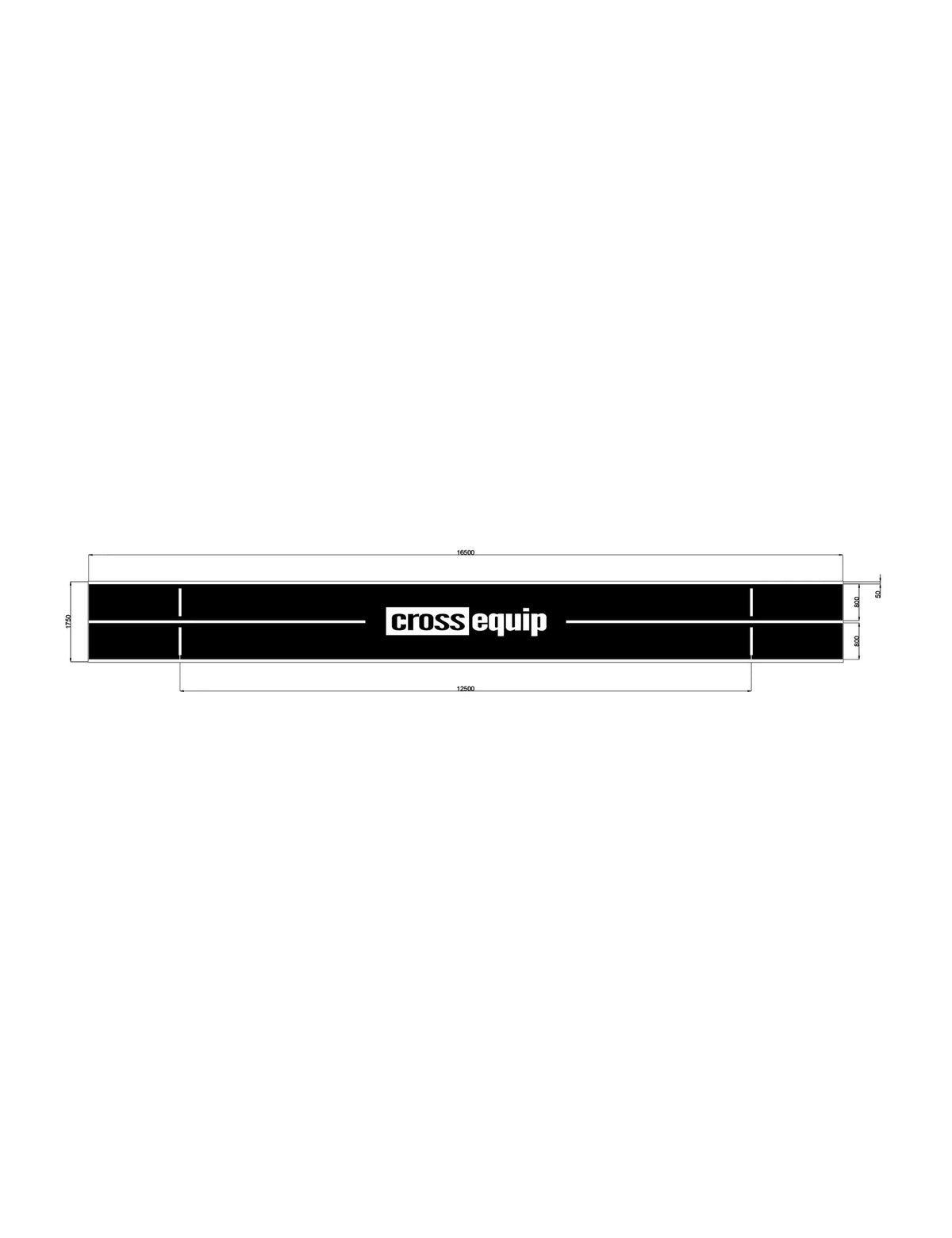Masszeichnung Hybrid Racing Turf – 1650 cm lang, 175 cm breit, zwei Bahnen à 80 cm, Start- und Ziellinie im Abstand von 1250 cm, Logo in der Mitte