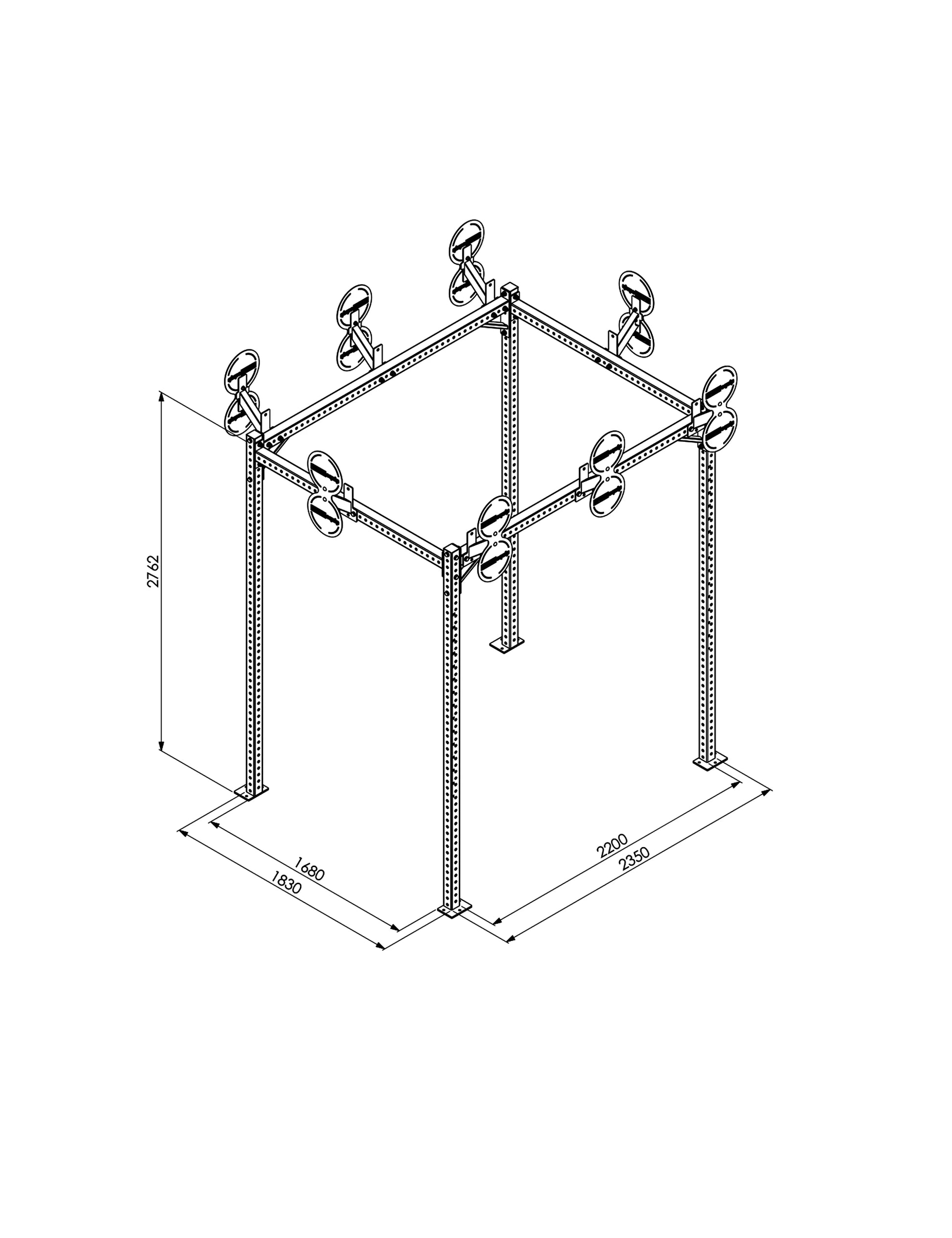 Aufstellmasse von einem Hyrox Wall Ball Rig mit 8 Targets.