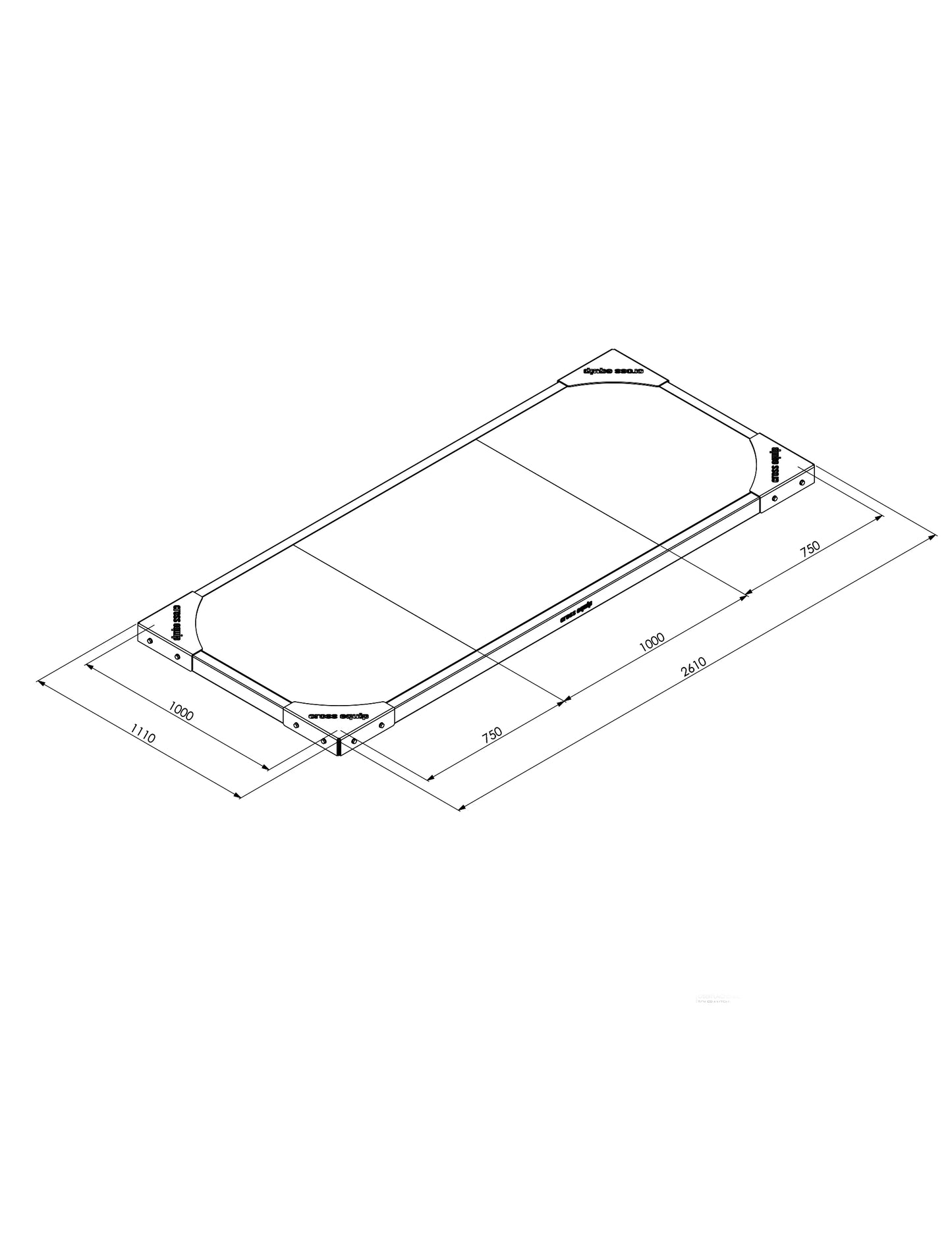 Lifting Plattform mit Dämpfung Advanced 5 cm – Masszeichnung mit Aussenmassen 260 x 111 cm