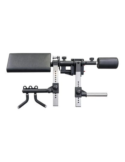 Leg Extension & Curl Attachment freigestellt von vorne – links das Armpolster, darunter die zwei abgewinkelten Griffe, rechts die Schaumstoffrolle und die Hantelaufnahme an den gelochten Hülsen