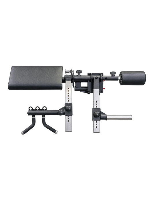 Leg Extension & Curl Attachment freigestellt von vorne – links das Armpolster, darunter die zwei abgewinkelten Griffe, rechts die Schaumstoffrolle und die Hantelaufnahme an den gelochten Hülsen