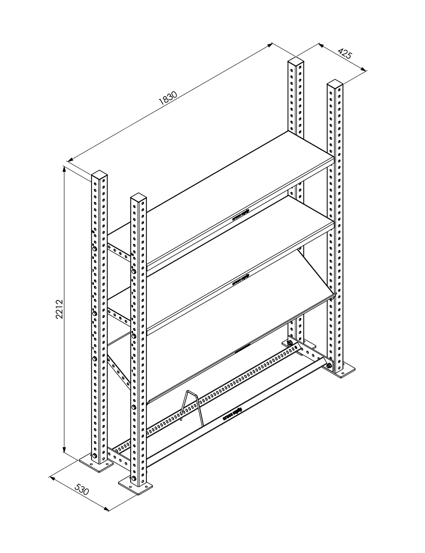 Storage Upright – Masszeichnung mit 220 cm Höhe und 183 cm Breite – A-Line