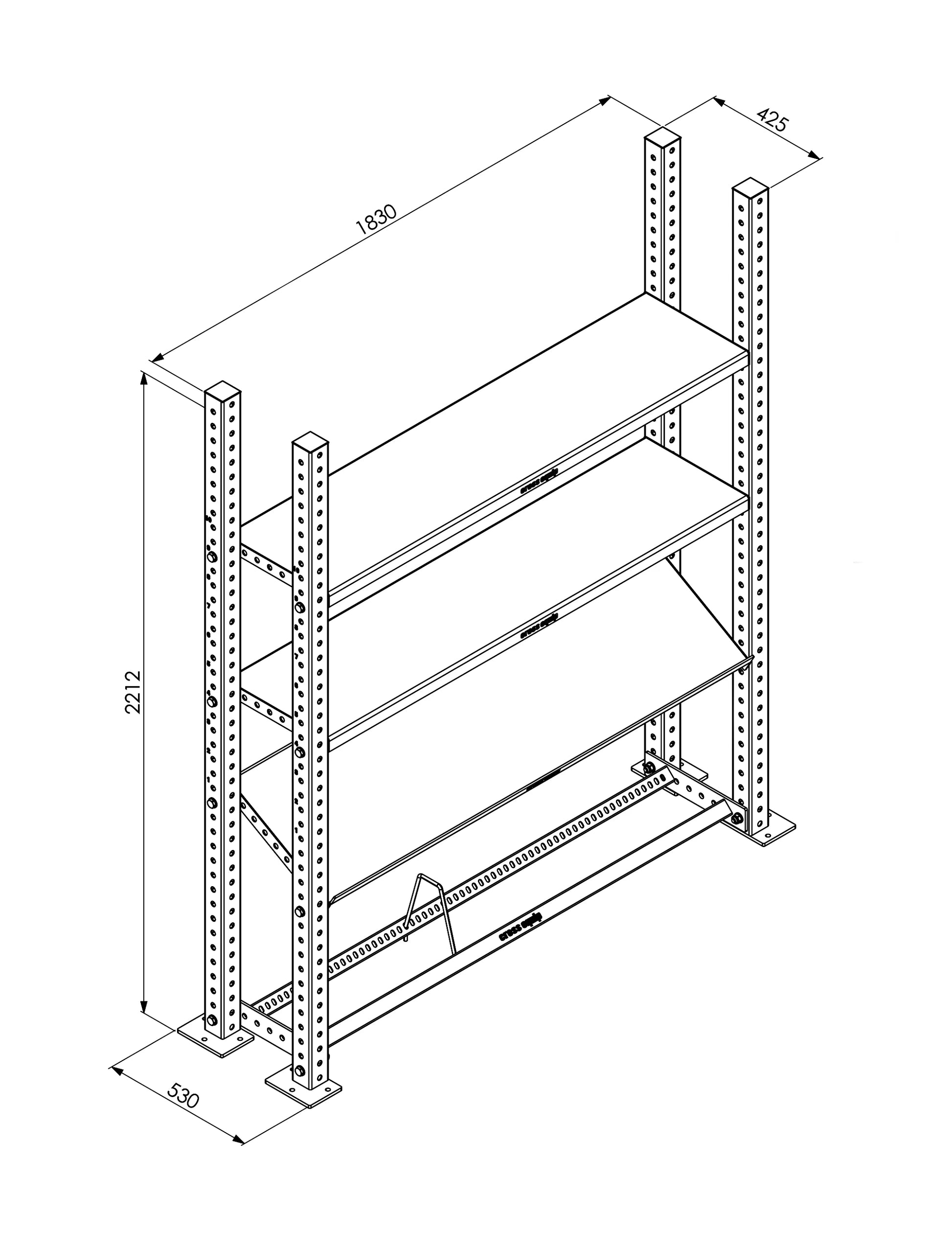 Storage Upright – Masszeichnung mit 220 cm Höhe und 183 cm Breite – A-Line