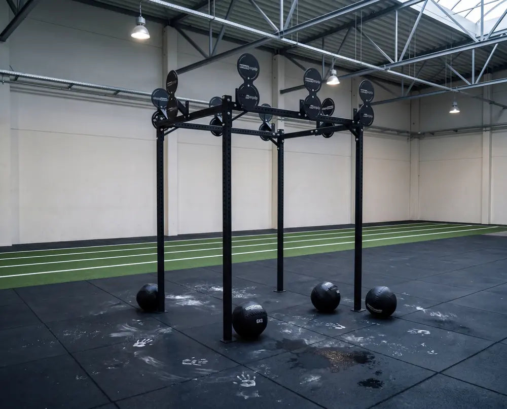 HYROX 6+2er Rig in Industriehalle mit Wallballs - A-Line HYROX Simulation