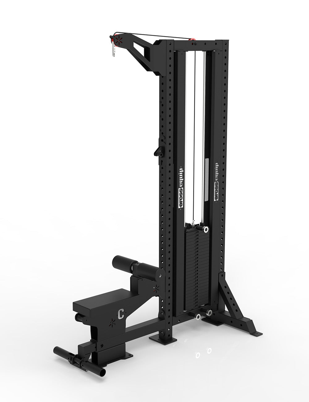 A-Line Lat Pull/Row Latzugmaschine – Frontansicht schräg links mit Weight Stack, Latzug-Arm und Sitz mit Kniepad