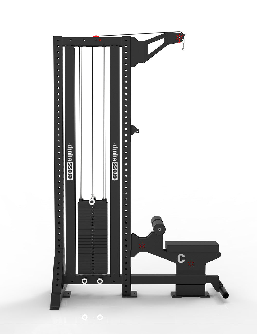 A-Line Lat Pull/Row – Seitenansicht der Latzug- und Ruderzug-Station mit Weight Stack und Präzisions-Maschinenlager