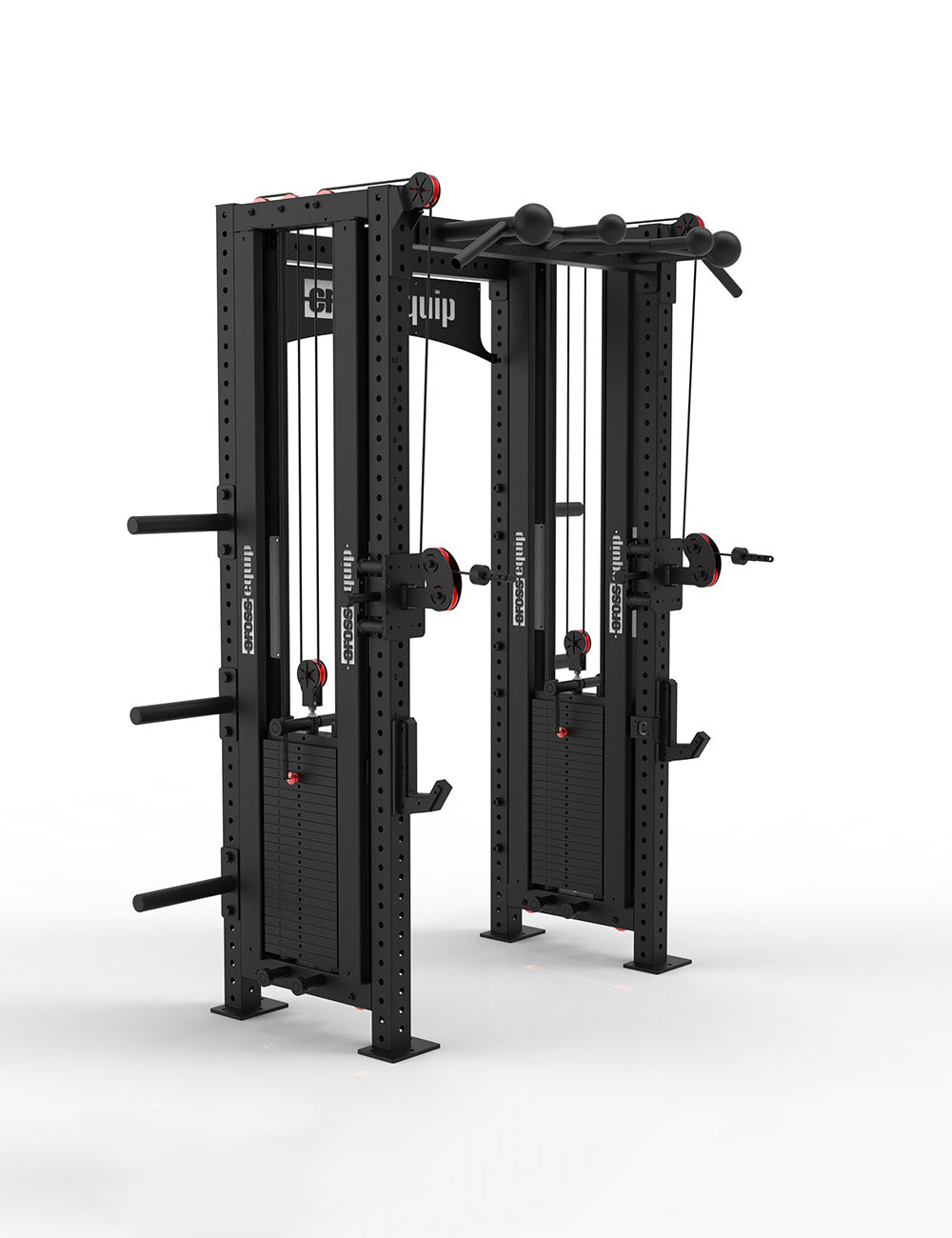 Power Rack mit Kabelzug von cross equip – A-Line Dual-Pulley-Funktionstrainer mit zwei Gewichtsstacks, Pull-Up Bar und Plate Storage, Schrägansicht