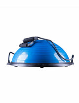 Balance Ball mit Griffen von cross equip – blauer BOSU-Style Balance Trainer mit Griffen und Widerstandsbändern, Seitenansicht