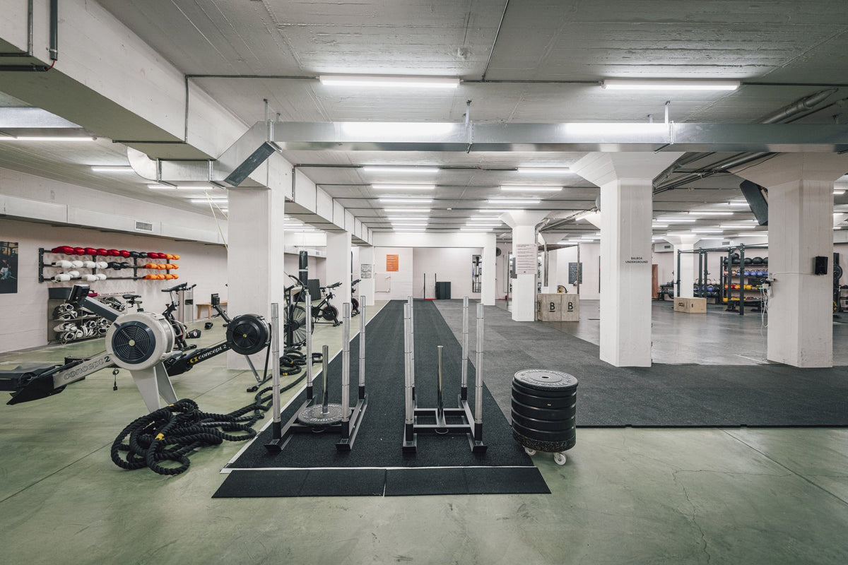 Balboa Underground in Zürich: lange Trainingshalle mit Bahnen, Concept2 RowErg und Scheibenwagen