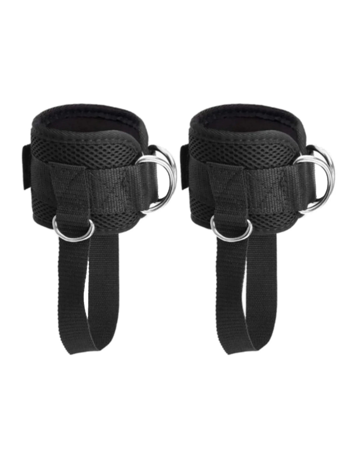 Feet Strap im Paar freigestellt – zwei schwarze gepolsterte Knöchelmanschetten mit Mesh-Aussenseite, je ein D-Ring zum Einhängen und eine lange Zuglasche durch einen kleineren Ring
