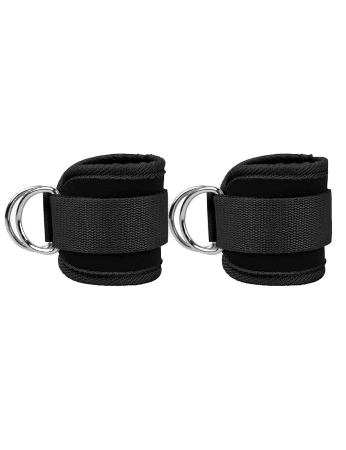 Wrist Strap im Paar freigestellt – zwei schwarze gepolsterte Manschetten mit Gurtband und Klettverschluss, seitlich je ein Doppel-D-Ring aus Metall