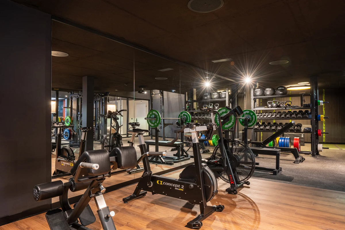 Hantelablage, Kettlebells und cross equip Bumper Plates im Hotel-Gym Welschen Zermatt