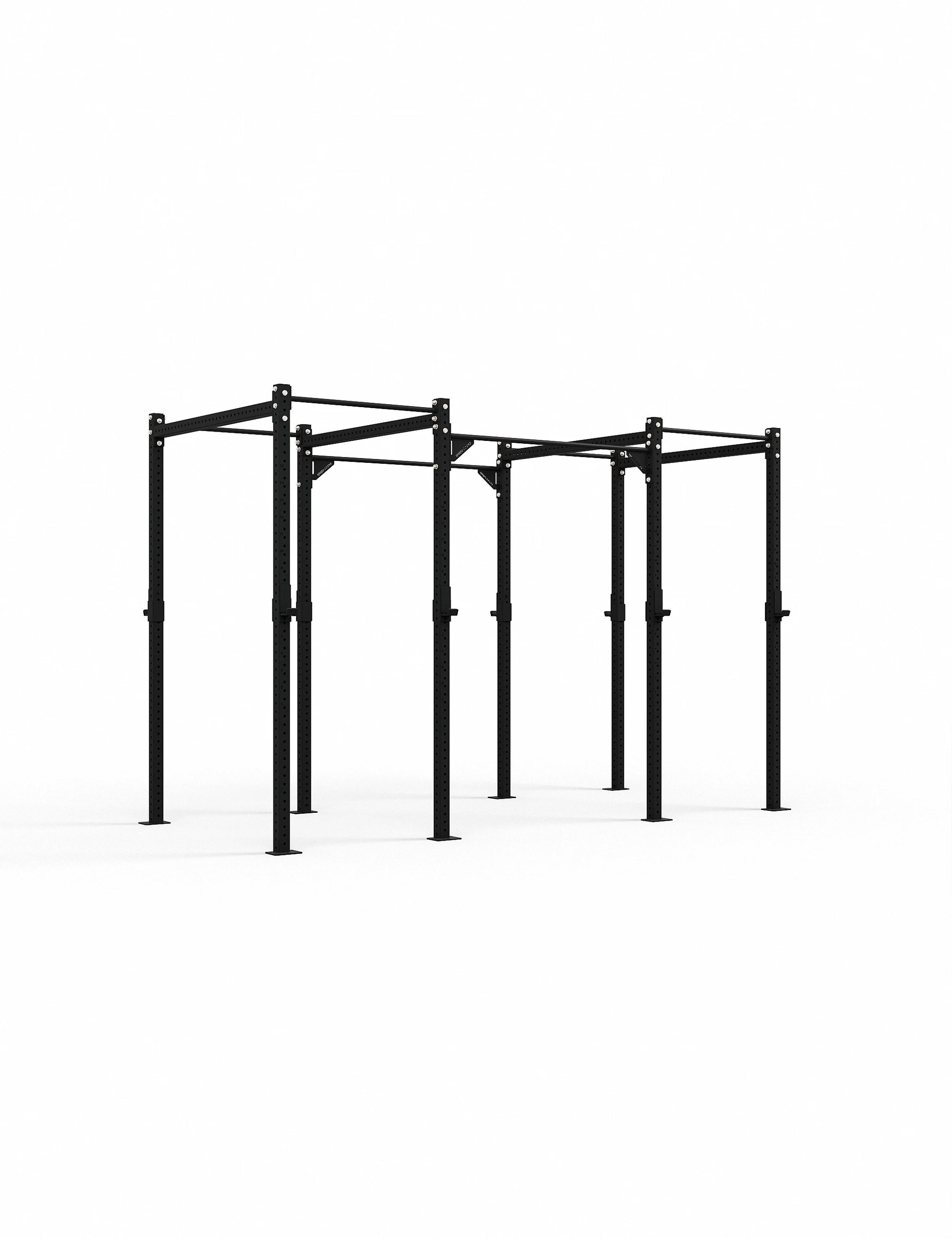 CFR-4 Freestanding Rig – Crossfit Rig fürs Gruppentraining mit 4 Squat- und 6 Pull-up-Stationen, Frontansicht schräg links
