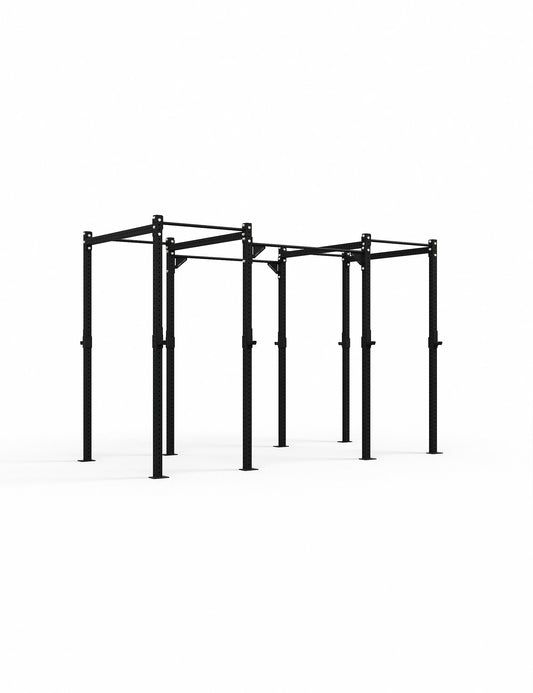 CFR-4 Freestanding Rig – Crossfit Rig fürs Gruppentraining mit 4 Squat- und 6 Pull-up-Stationen, Frontansicht schräg links