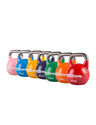 Competition Kettlebell Set Basic – sieben farbcodierte Wettkampf-Kettlebells von 8 bis 32 kg in einer Reihe, IWF-Farben mit cross equip Logo, alle Kugeln gleich gross