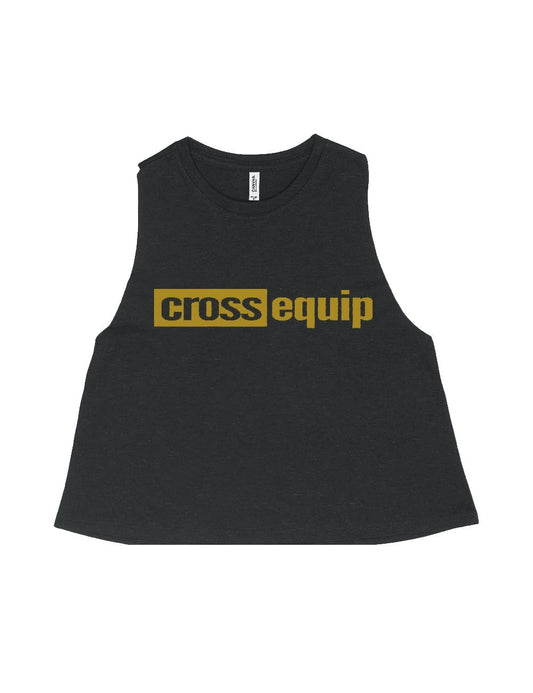 Schwarzes cross equip Damen Crop Top, ärmellos mit weitem Armausschnitt und kurzem Saum, mattgoldener Logo-Balken auf der Brust – «cross» schwarz im Goldfeld ausgespart, «equip» in Gold daneben