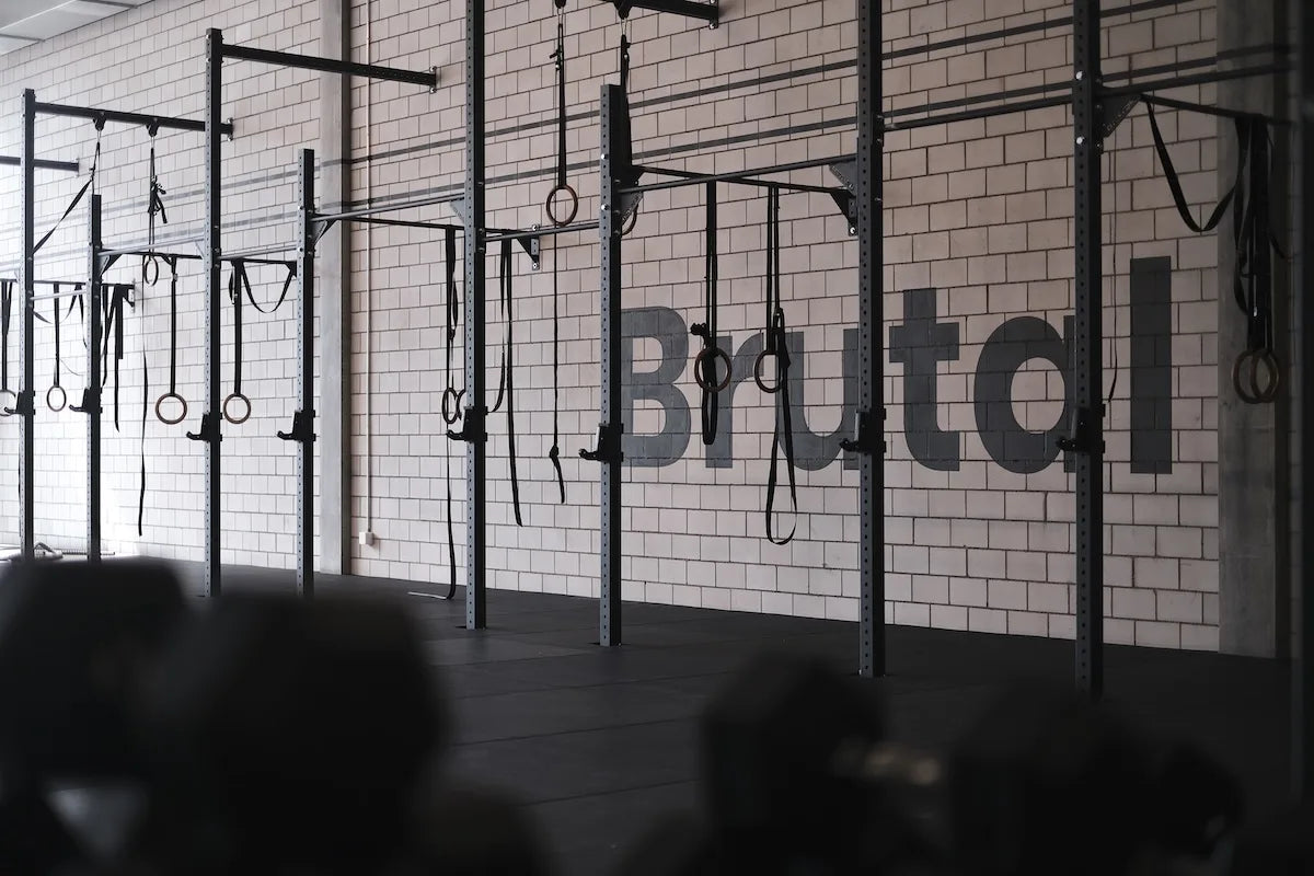 CrossFit Capricorn Chur: Wandmontiertes cross equip Rig mit Turnringen vor dem «Brutal vital»-Schriftzug