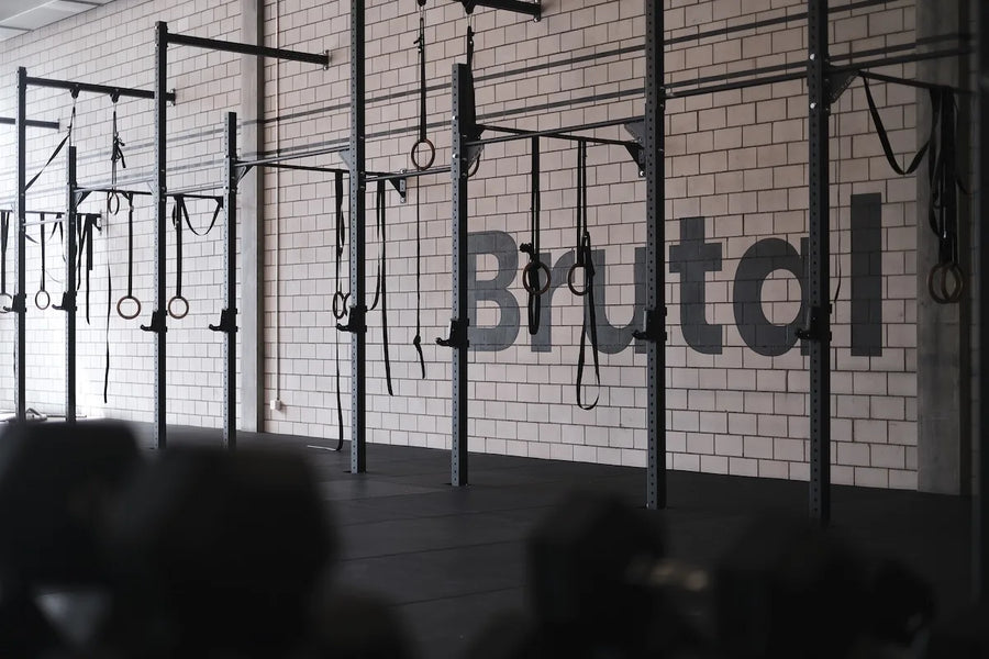 CrossFit Capricorn Chur: Wandmontiertes cross equip Rig mit Turnringen vor dem «Brutal vital»-Schriftzug