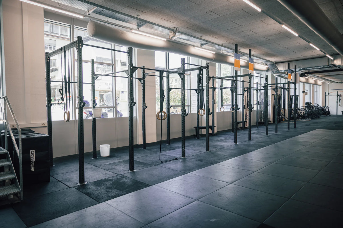 Das 10er-Rig von cross equip entlang der Fensterfront bei CrossFit Limmatstadt in Zuerich