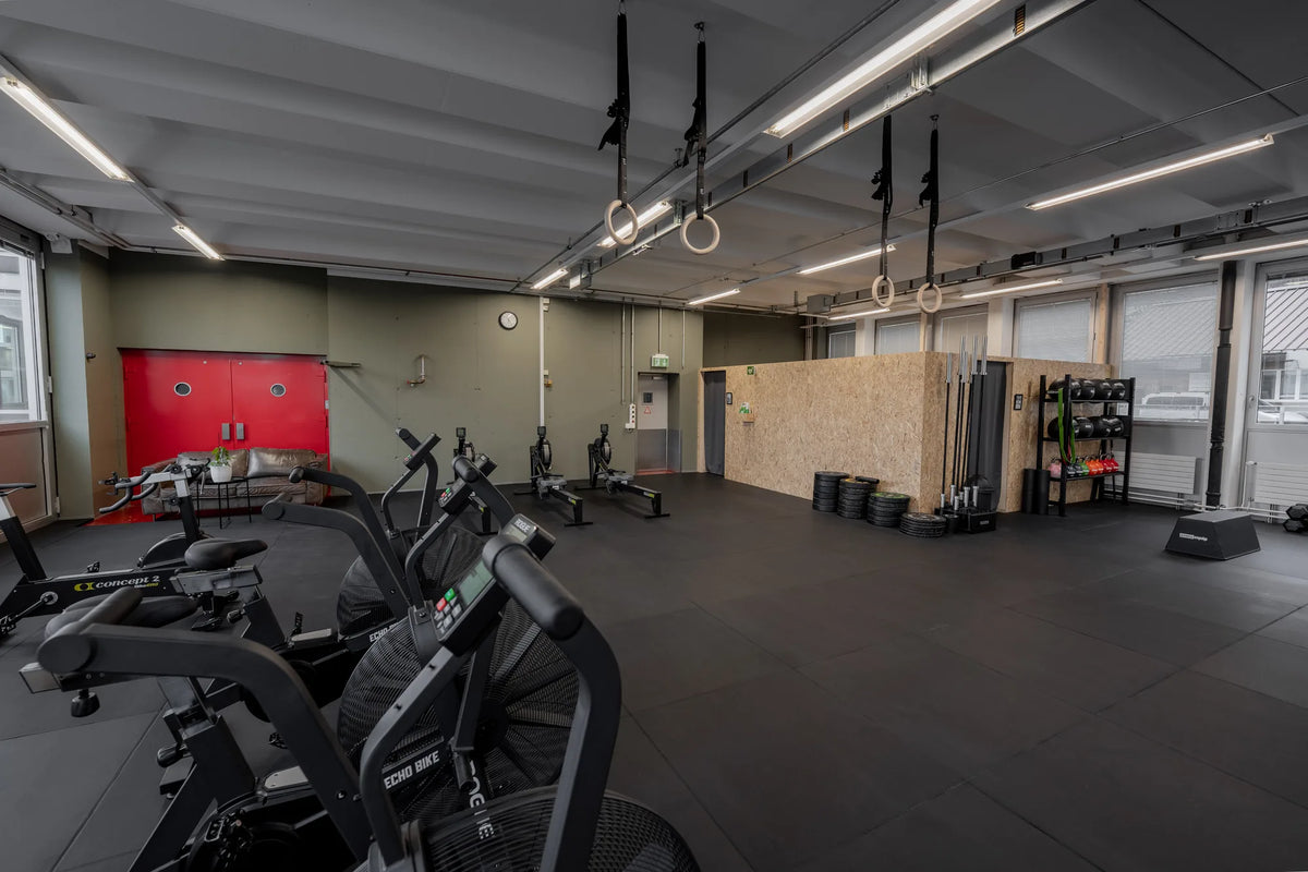 Air Bikes und Gymnastikringe bei CrossFit Wabern