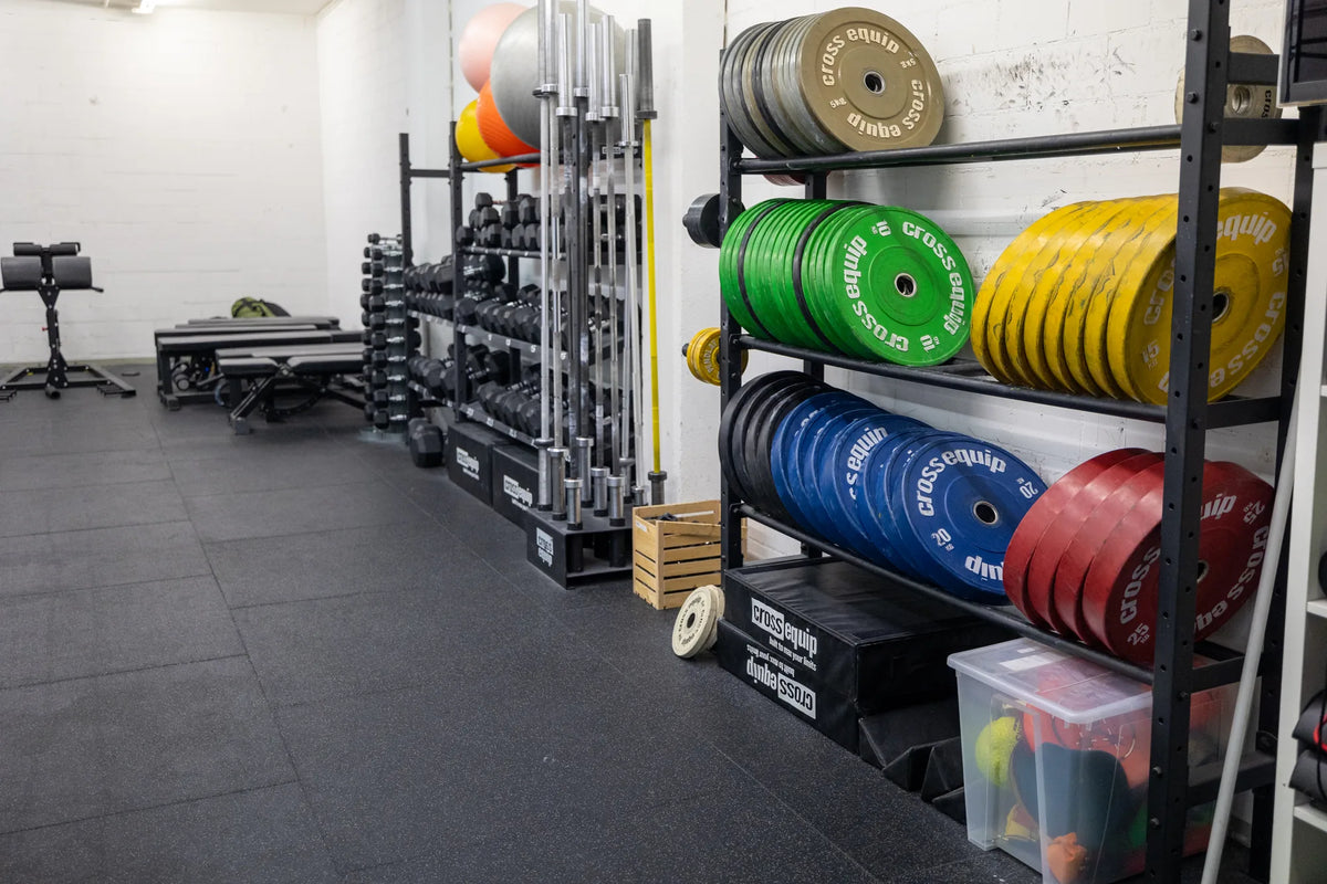 Farbige cross equip Bumperplates und Langhanteln im Lagerregal bei CrossFit Züri Oberland