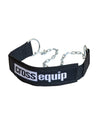 Dip Belt aus schwarzem Nylon – der 17,5 cm breite Gurt mit je einem grossen Metallring an beiden Enden, dazwischen die Stahlkette zum Einhängen der Gewichte