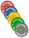 Bumper Plate Set 150 kg von cross equip – 5 Plates gestapelt von oben in IWF-Farben (grau, grün, gelb, blau, rot)