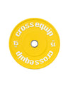 High Grade Color Bumper Plate 15 kg in Gelb – Frontansicht der farbigen Hantelscheibe aus Virgin Rubber