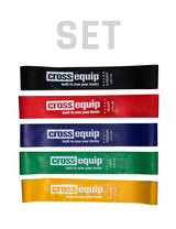 Latex Free Mini Bands Set – fünf latexfreie Loops übereinander, von oben Schwarz X-Heavy, Rot Heavy, Blau Medium, Grün Light und Orange X-Light, dazu der Schriftzug SET