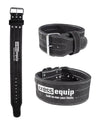 Leder Powerlifting Belt in Schwarz in drei Ansichten – ausgelegt, geschlossen von vorne und von hinten, Rauleder mit heller Naht