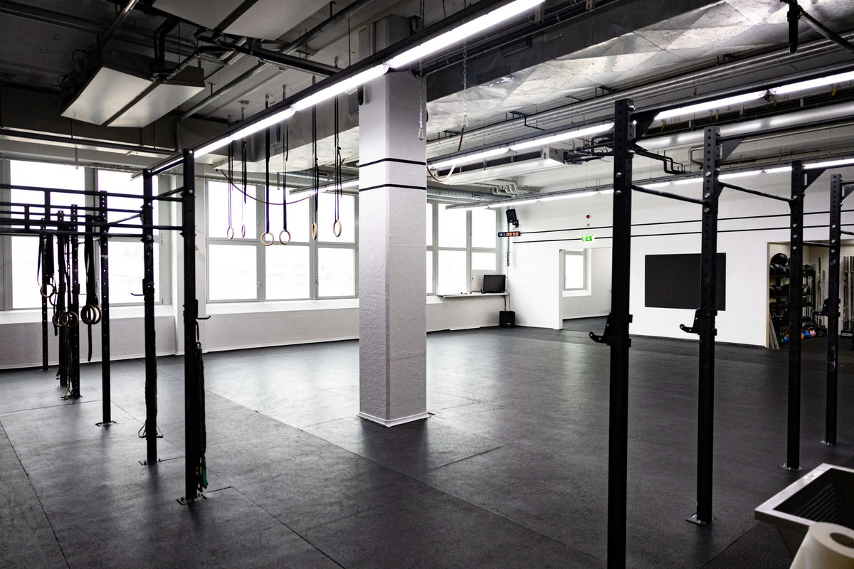 Trainingsflaeche mit Ringen und Fensterfront bei Limitless Power CrossFit in Kriens