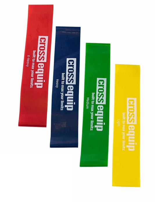 Mini Bands Set – die vier Latex-Loops gefächert nebeneinander, Rot X-Heavy, Blau Heavy, Grün Medium und Gelb Light