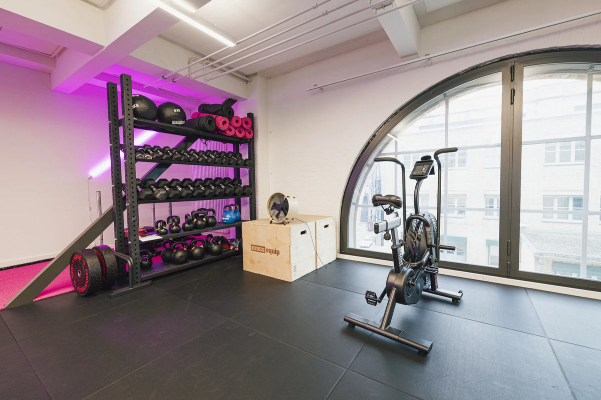 AssaultBike Pro X, Storage Rack und Plyobox vor dem Rundbogenfenster