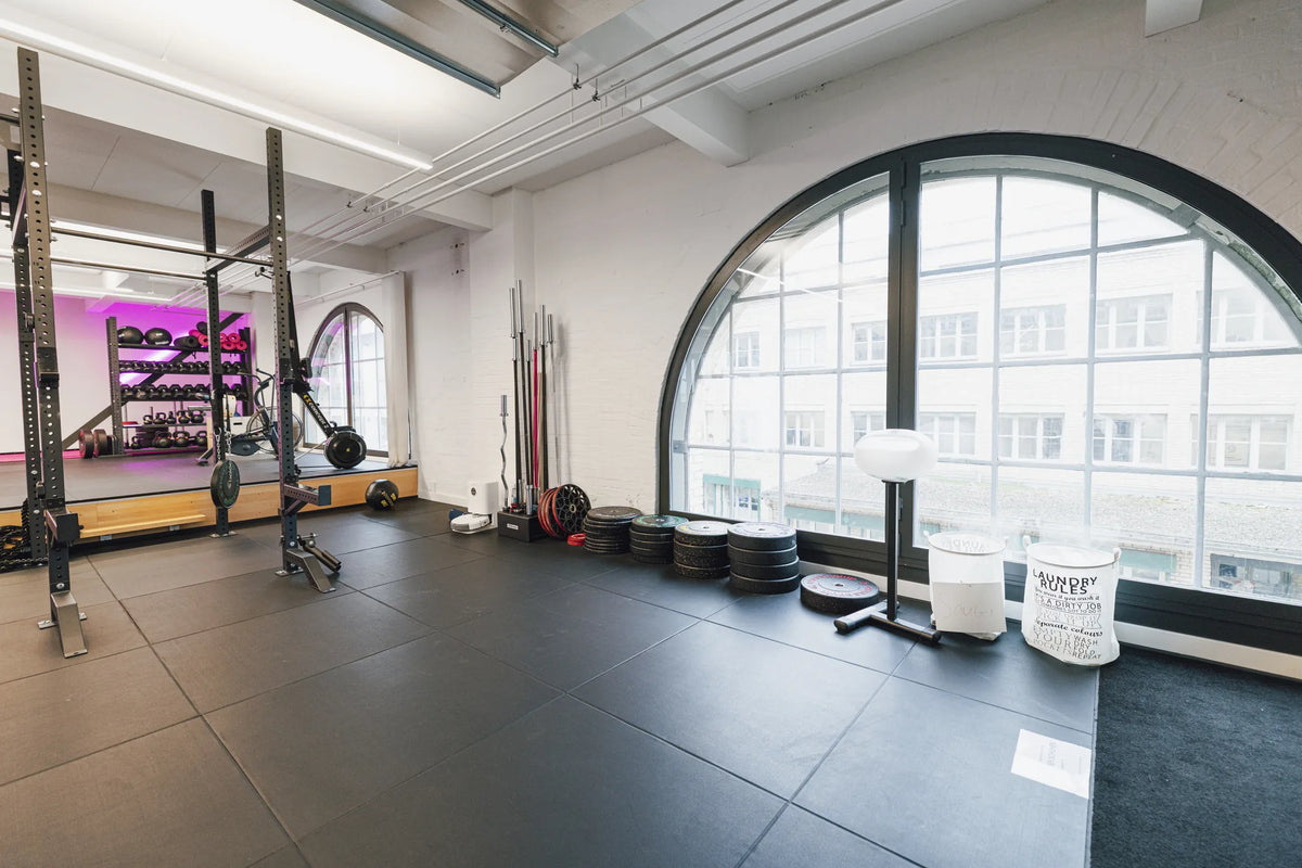 Trainingsraum mit Rig, Langhantelhalter und Bumper Plates vor dem Rundbogenfenster
