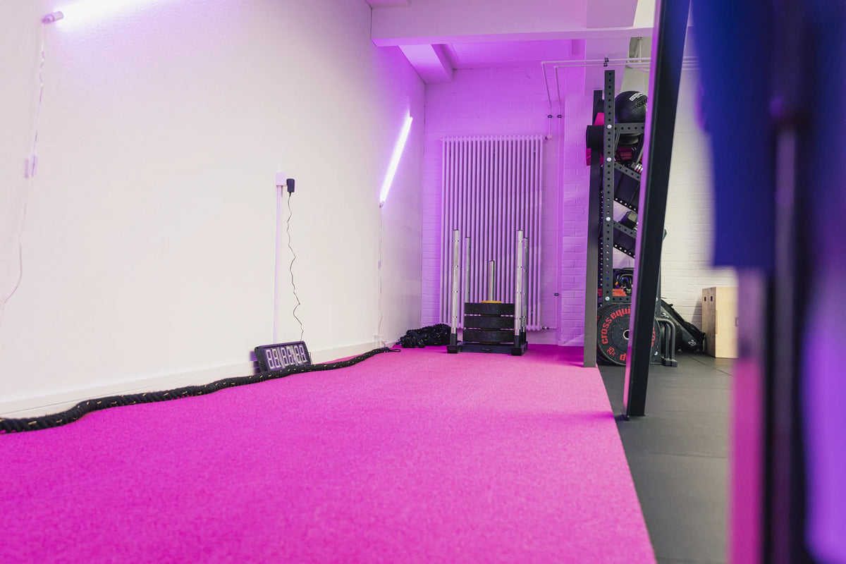 Pinke Turf-Bahn für den Schlitten im Trainingsraum von Miriam Kasper
