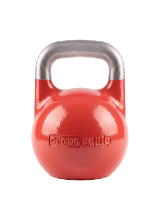 Mini Competition Kettlebell 2 kg freigestellt – rot lackierte Kugel mit eingegossenem cross equip Logo, blanker gestrahlter Griff