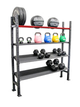 Multifunctional Storage Rack voll beladen – modulare Hantelablage mit Hantelscheiben, Wall Balls, Kettlebells und Kurzhanteln, von cross equip