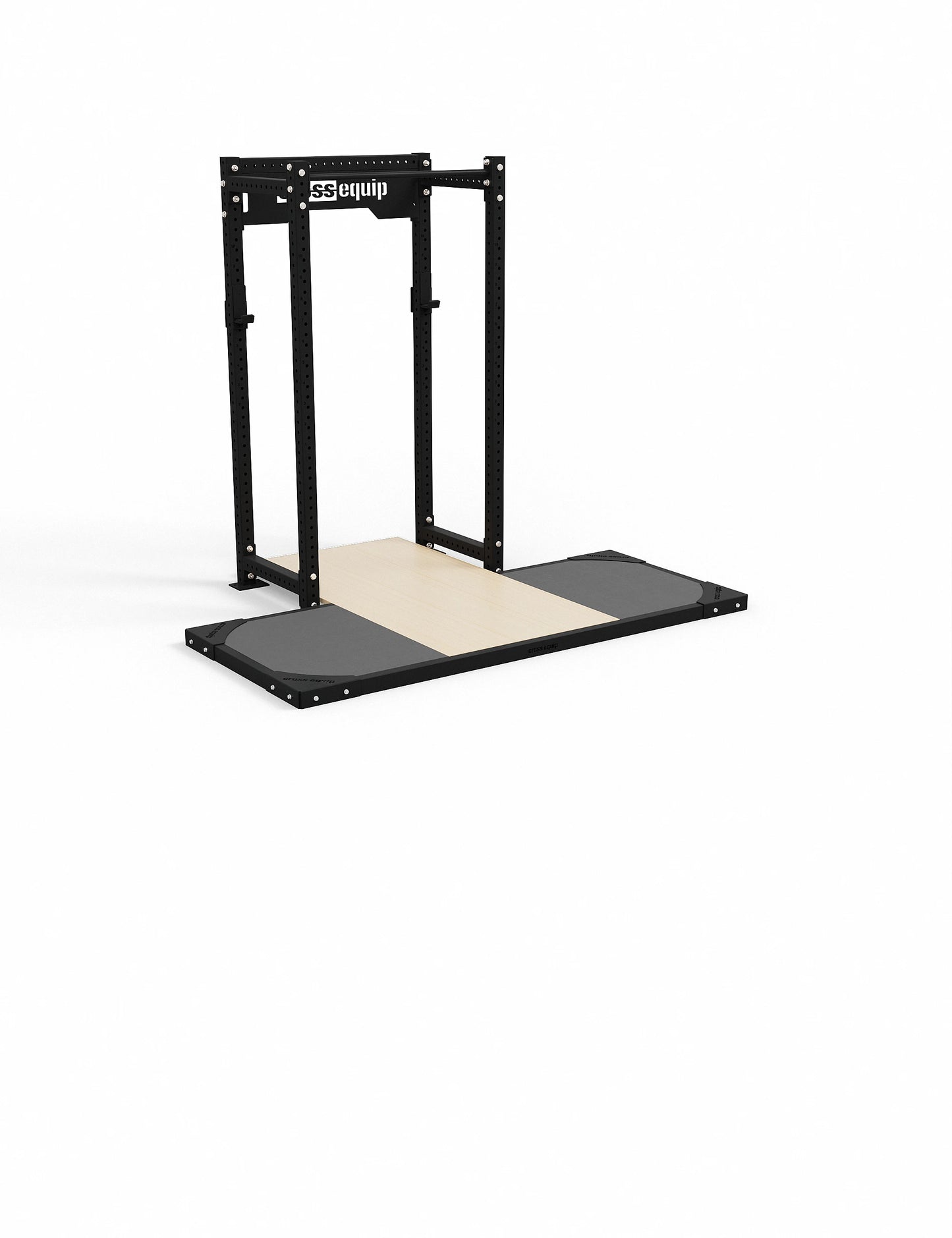 Lifting Plattform für Power Rack mit Dämpfung – Setup mit cross equip Power Rack, durchgehende Holzplatte zwischen den Standfüssen für Squat und Bench im Rack